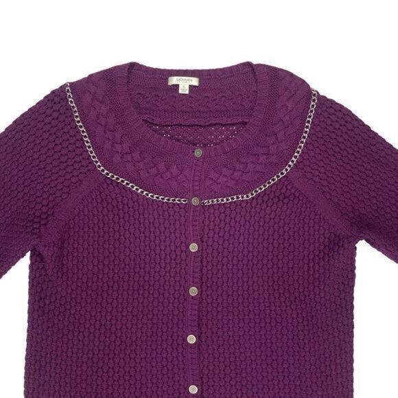Liz Claiborne Cardigan Women XL Purple Cable Knit Chain Trim Button Down Sweater - Picture 3 of 16
